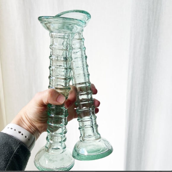 Set of 2 Vintage La Mediterranea Recycled Green Glass Vases/Candlesticks 10” - Picture 3 of 7